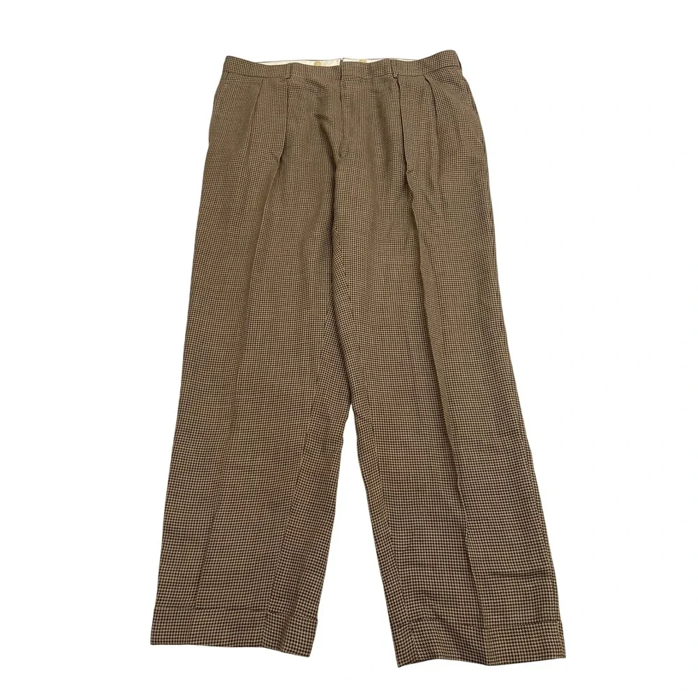VTG Polo Ralph Lauren Trousers 42 Brown Houndstooth Pleated Cuffed Made in Italy